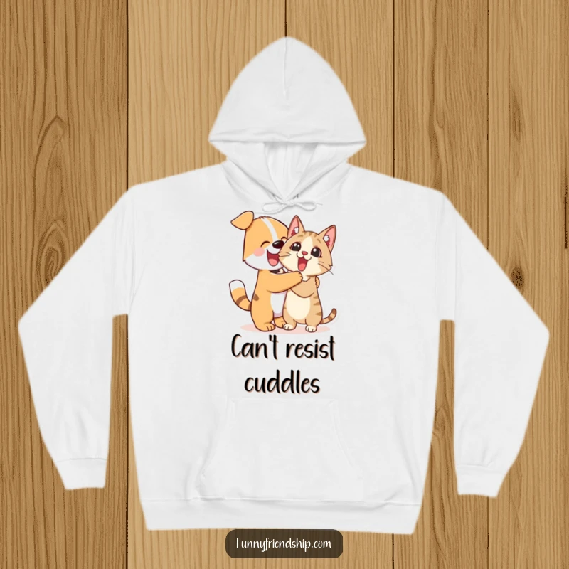 Funny Hoodie: Cute dog character enthusiastically hugging a surprised cat character, a warm and humorous addition to your wardrobe.