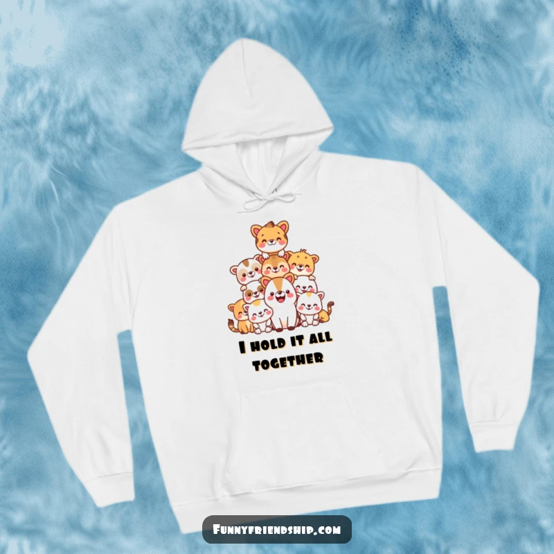 Funny hoodie depicting a cheerful pyramid of happy animals, offering warmth and humor, suitable for gifting.