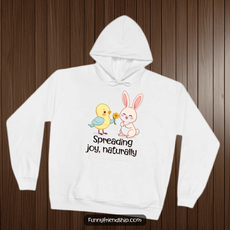 Funny hoodie with a sweet cartoon of a bird giving a flower to a happy rabbit, radiating warmth and humor.