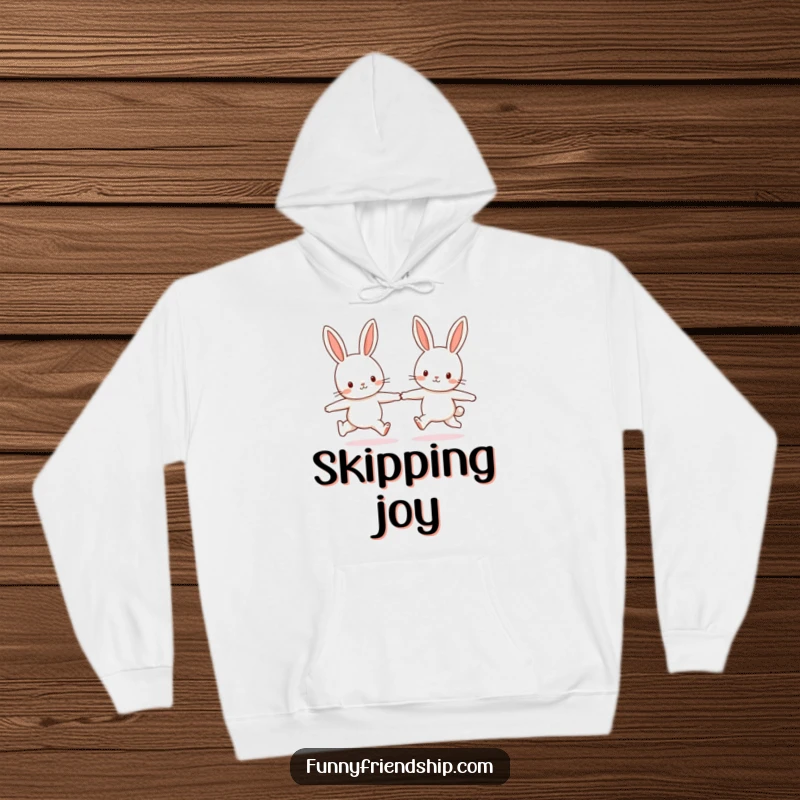 Funny hoodie design with two adorable bunny characters skipping hand-in-hand, evoking feelings of warmth and playful togetherness.