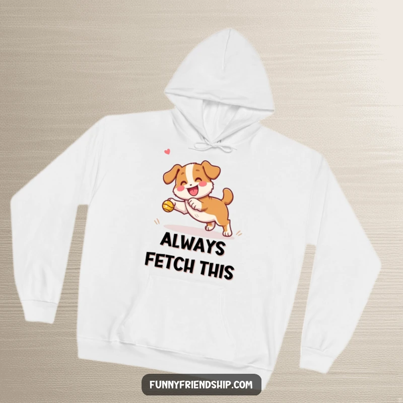 Funny dog character hoodie with an energetic dog playing fetch alongside a happy, cheering companion, perfect for warmth.