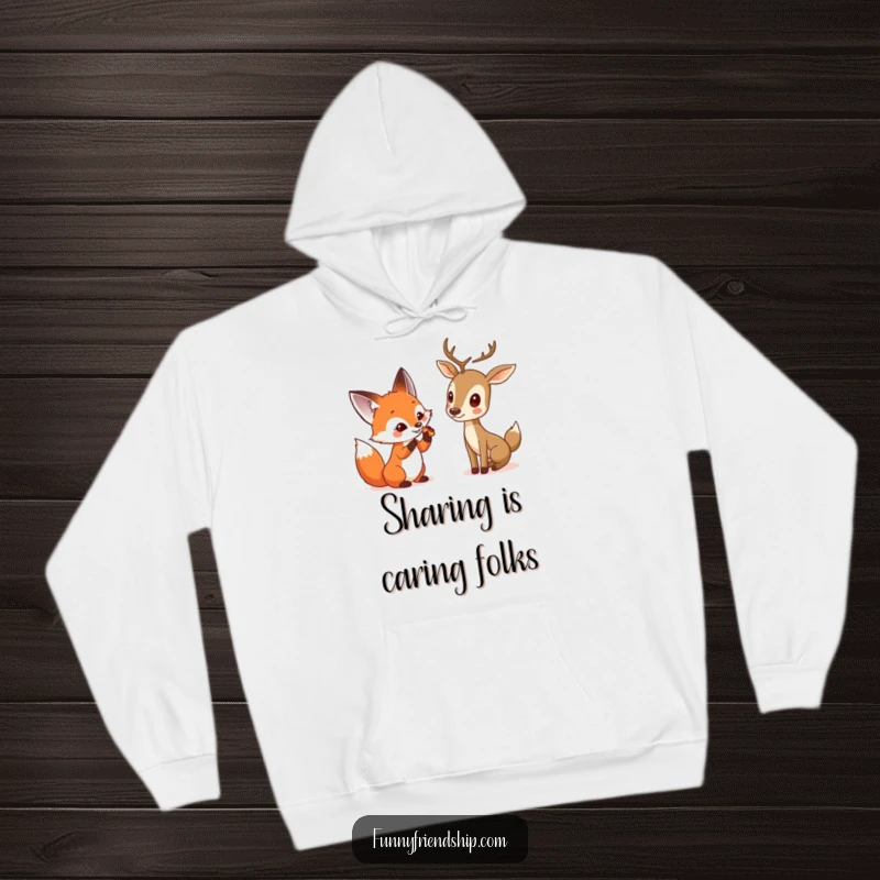 Funny hoodie with a curious fox sharing a treat with a shy deer, showcasing woodland charm and the warmth of friendship for cozy wear.