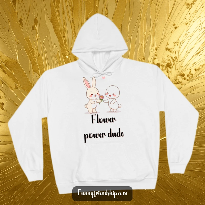 Funny rabbit character hoodie with a cute bunny offering a flower to a happy friend, perfect for comfort and style.