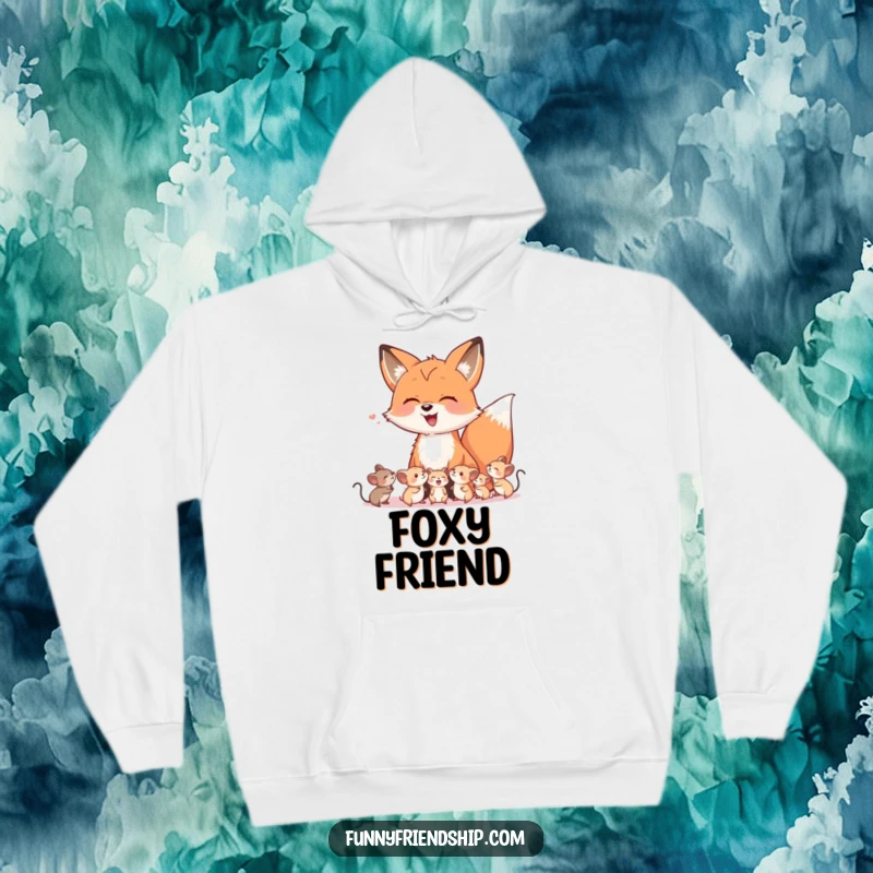 Funny hoodie featuring a friendly fox character in a warm embrace of laughter with several small, delighted mice.