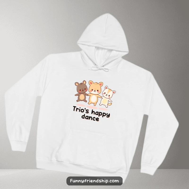 Funny hoodie depicting three cute animal characters holding hands and skipping in a happy circle, radiating warmth.