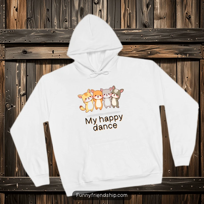Funny Animal Friends Jumping Hoodie: Animals holding hands and jumping, cozy and warm, celebrating friendship, a funny gift.