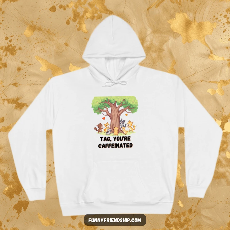 Funny Animal Tag Hoodie showing happy animals playing tag around a tree, providing warmth and a delightful dose of playful cheer.