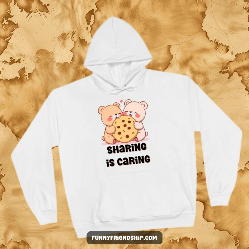 Funny hoodie featuring two cute bears joyfully sharing a massive cookie, embodying warmth and friendship.