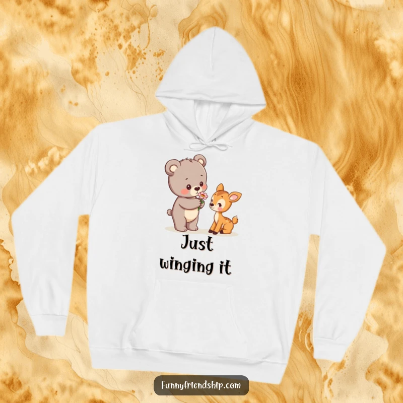 Funny Hoodie featuring a playful bear cub giving a flower to a timid deer cub, a symbol of sweet, innocent connection.