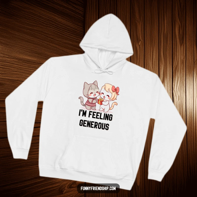 Funny hoodie featuring a cat enthusiastically offering a small gift, embodying cuteness and feline generosity.