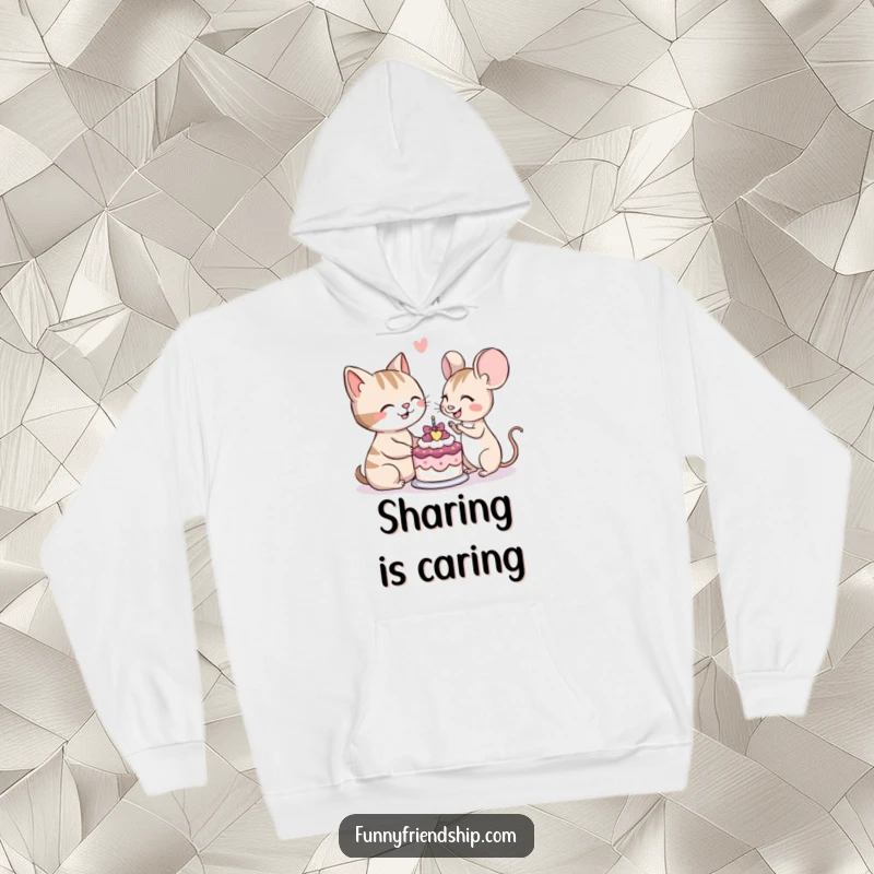 Funny hoodie depicting a cat and a mouse character smiling as they share a small cake, radiating warmth.