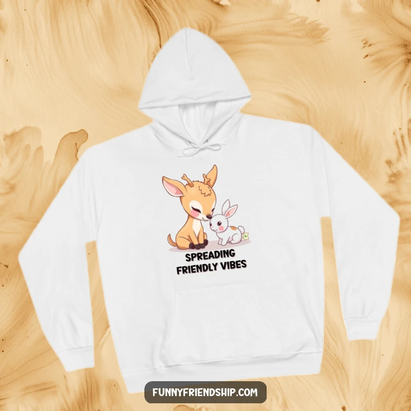 Funny hoodie illustrating a serene deer character gently nudging a small rabbit, evoking feelings of peace, friendship, and gentle connection.