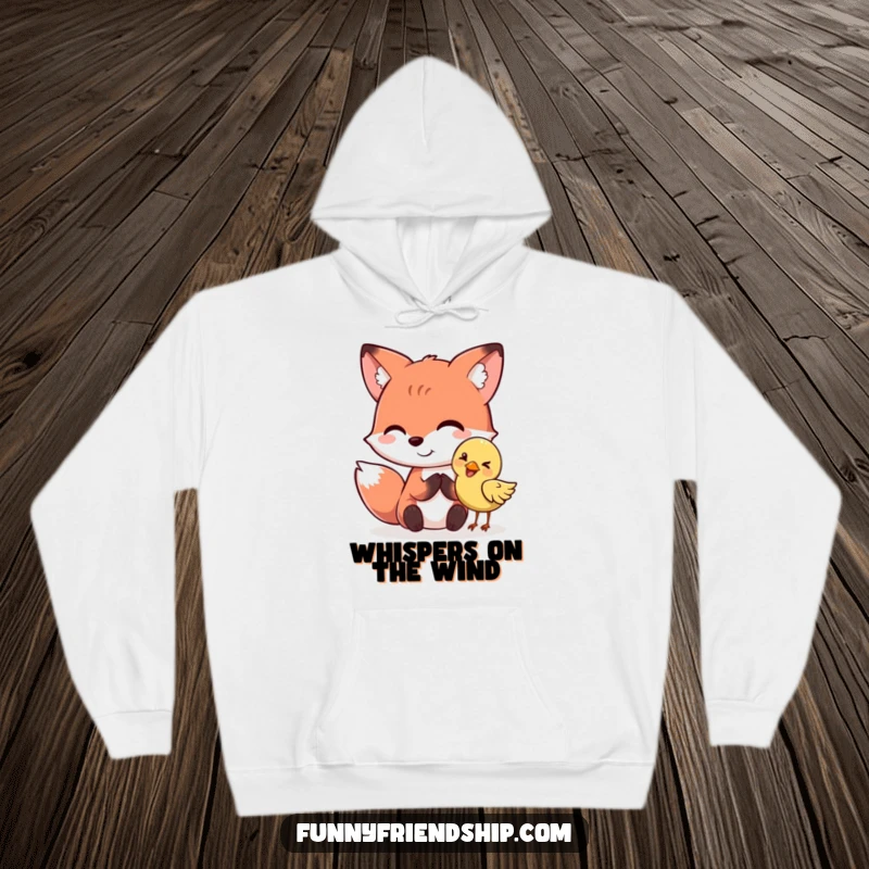 Funny fox and bird characters sharing a secret on a cozy hoodie. A superb funny gift.