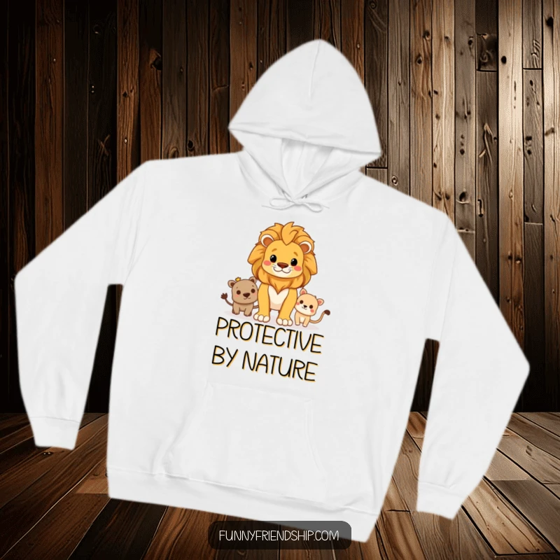 Funny hoodie featuring a proud lion character standing guard over friends, providing warmth and a message of loyal protection.