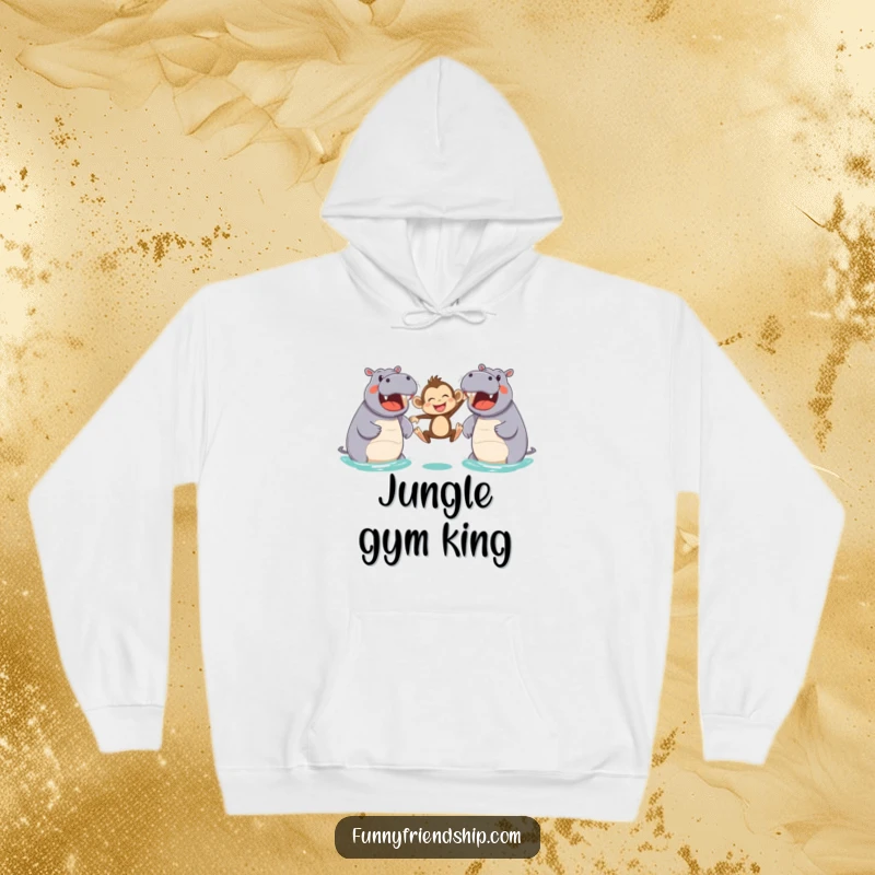 Funny hoodie featuring a joyful monkey energetically leaping between two large, smiling hippos, showcasing a moment of pure, playful animal connection.