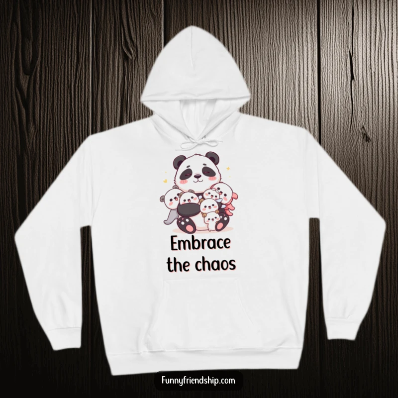 Funny panda hoodie featuring a cuddly panda joyfully embracing smaller characters, offering warmth, comfort, and humor.