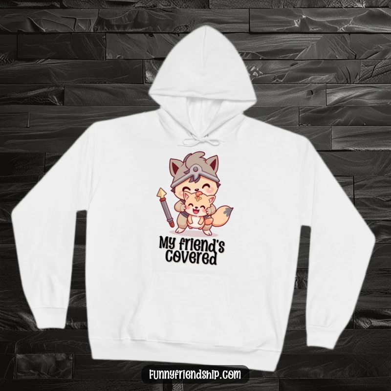 Funny hoodie showing a brave animal character guarding a smaller friend, offering comfort and a message of unwavering support.