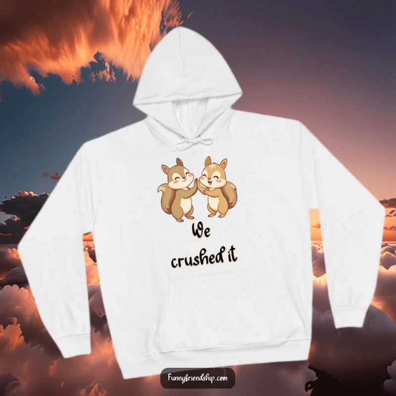 Funny hoodie featuring two squirrels in a celebratory high-five, embodying warmth and spirited camaraderie.