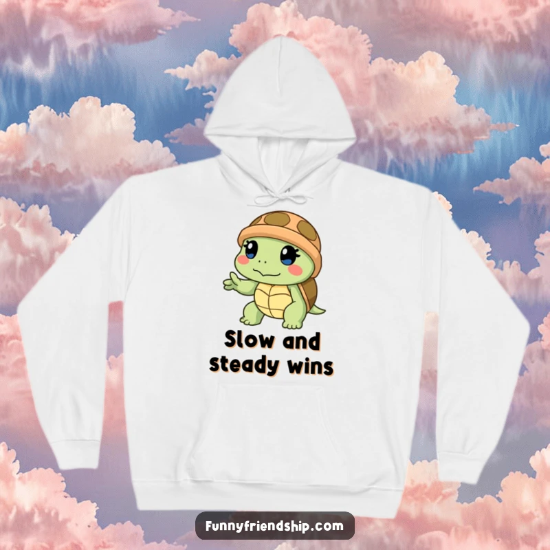 Funny hoodie featuring a determined turtle character slowly offering a helping hand, providing warmth and a message of support.
