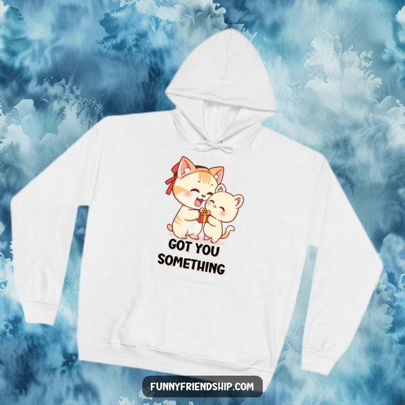 Funny hoodie depicting a happy cat character offering a small, delightful gift to a friend, perfect for gifting.