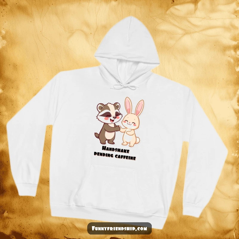 Funny hoodie featuring a badger and rabbit shaking hands, symbolizing a humorous pact and offering cozy comfort.