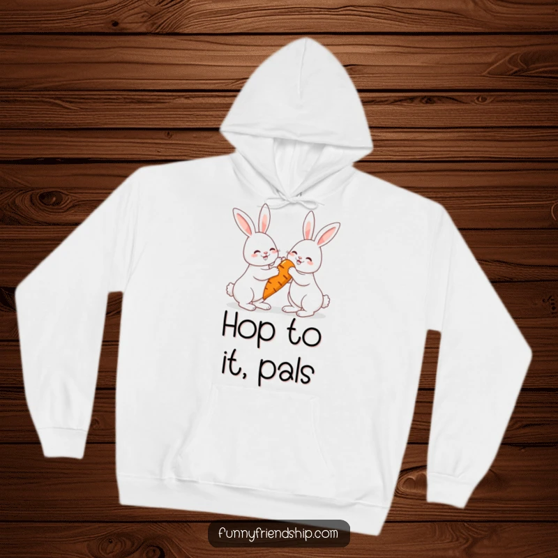 Funny rabbit hoodie featuring two bunnies high-fiving over a giant carrot, cozy and cheerful apparel.