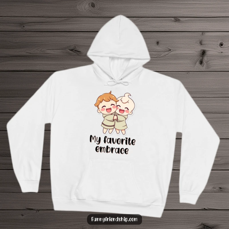 Funny hoodie depicting two smiling characters hugging, offering cozy comfort and a symbol of love and friendship.