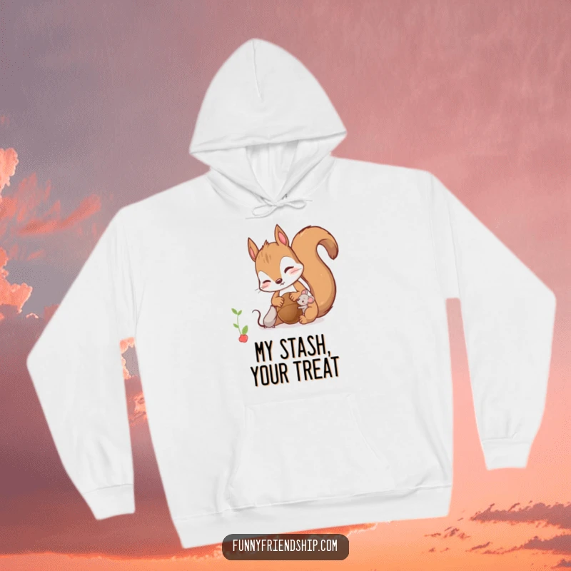 Funny Hoodie: Cozy design of a curious squirrel sharing a nut with a tiny mouse, perfect for warm and friendly moments.