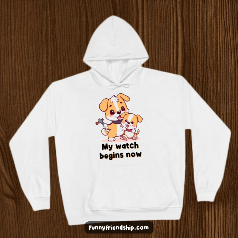 Funny dog hoodie featuring a protective dog watching over an adorable, energetic puppy, emphasizing humor and care.