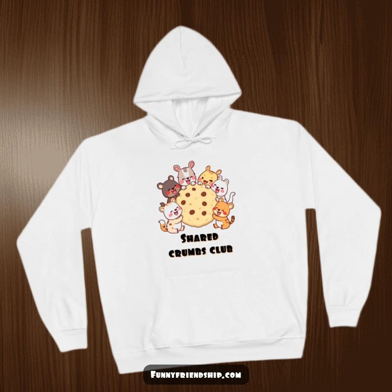 Funny Hoodie depicting various animals enjoying a giant cookie and laughing, perfect for cozying up while celebrating friendship and fun.