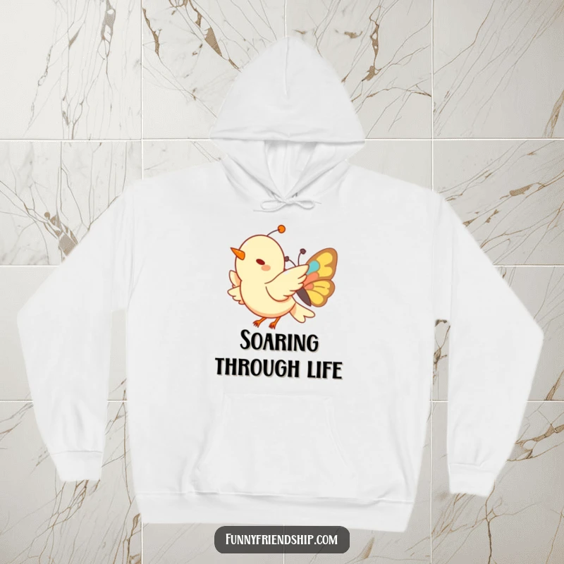 Funny Bird and Butterfly Hoodie: A warm, cozy hoodie featuring a delightful illustration of a bird and butterfly flying joyfully together.