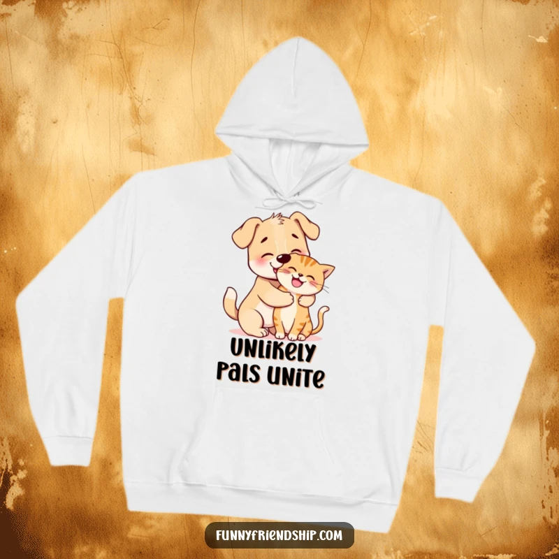 Funny Hoodie: Cute dog character shares a playful hug with a happy cat, perfect for cozy, humorous moments.