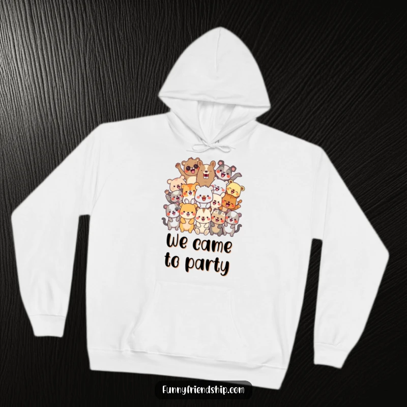 Funny hoodie showing a diverse group of cheerful animal characters celebrating enthusiastically, offering cozy comfort and festive fun.