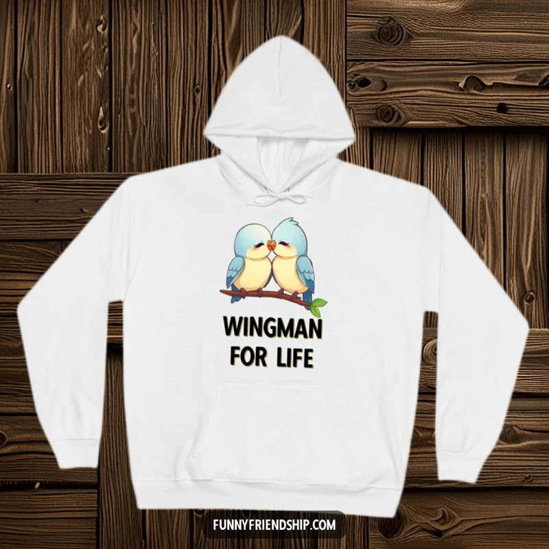 Funny two birds nuzzling affectionately on a cozy hoodie, representing warmth, love, and comfort with gentle humor.