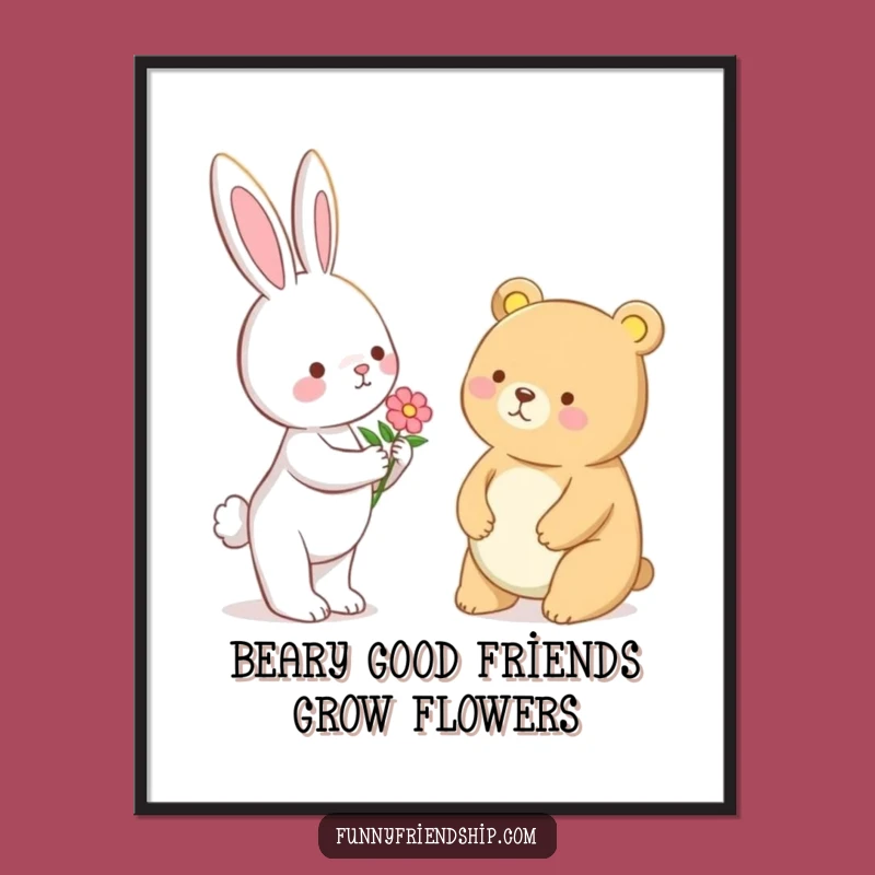 Free Printable Bunny Bear Friendship Art - Flower Scene Funny Wall Decor