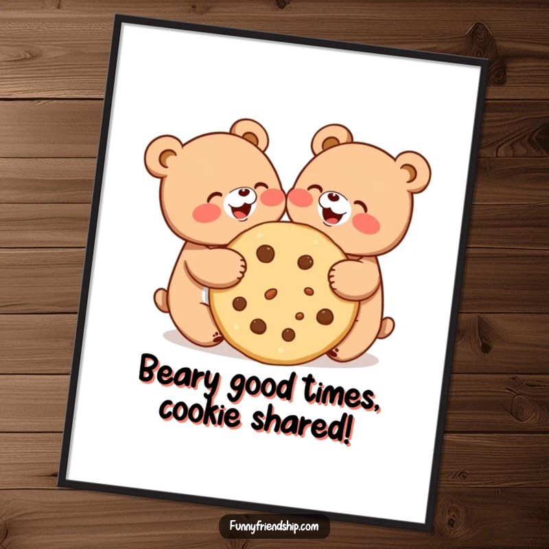 Funny Free Printable Bear Wall Art: Two cute bears joyfully sharing a giant cookie, creating heartwarming and humorous decor.