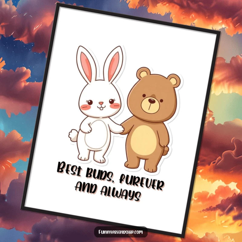 Funny Free Printable Wall Art: A cute rabbit and a friendly bear character are holding hands, symbolizing friendship.
