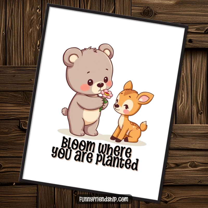 Funny Free Printable Wall Art: A tender bear cub offers a flower to a shy deer cub, creating heartwarming downloadable art.