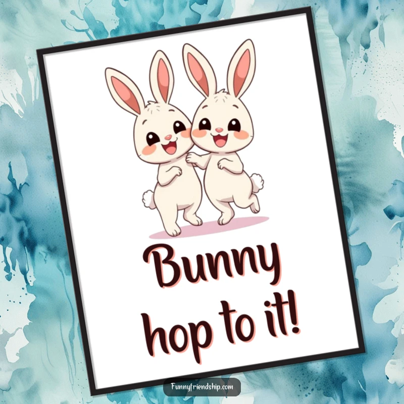 Funny Free Printable Wall Art: Two cute bunnies in mid-dance, big smiles, radiating happiness and playful energy for your decor.