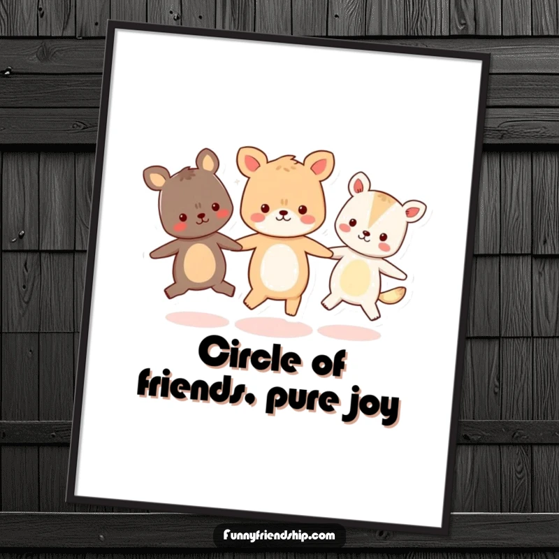 Funny Free Printable Wall Art: Three cute animals joyfully holding hands and skipping in a circle, radiating happiness.
