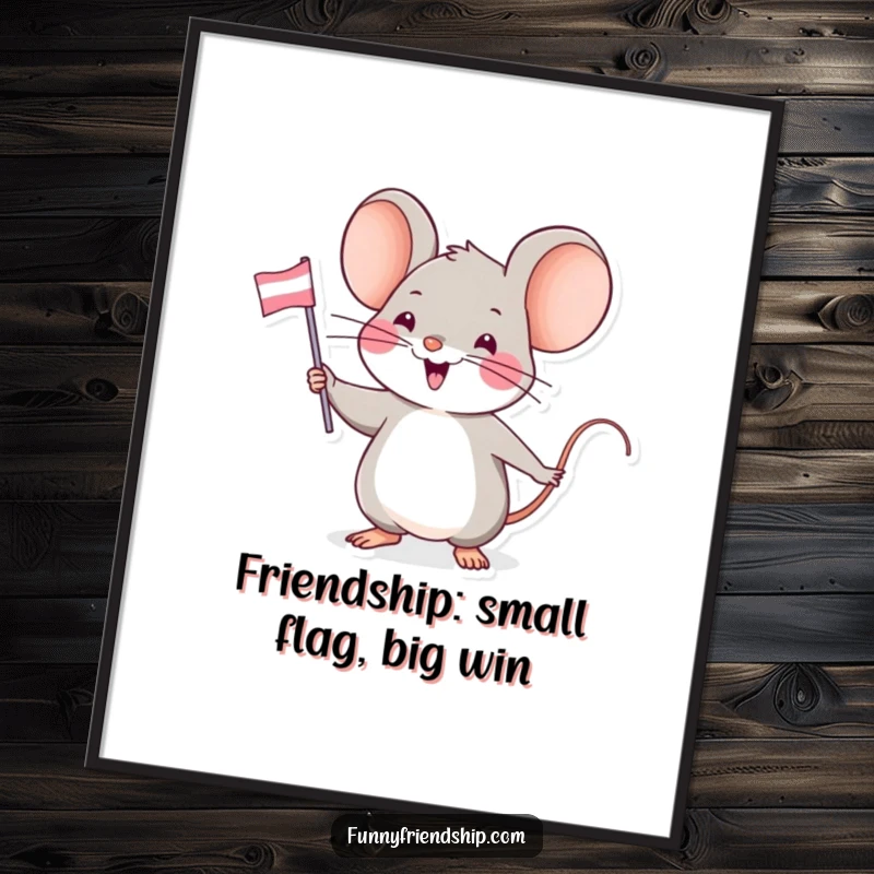 Funny Free Printable Wall Art: Small mouse enthusiastically waving a tiny friendship flag, a heartwarming downloadable decoration.