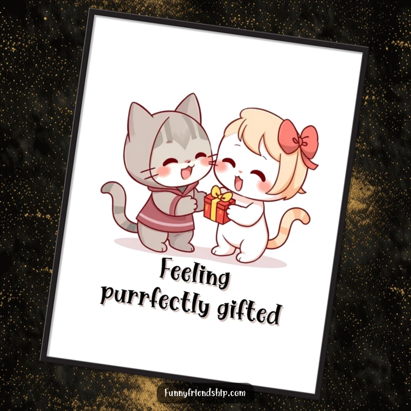 Funny Free Printable Wall Art: A cat character enthusiastically offering a small, wrapped gift to another character.