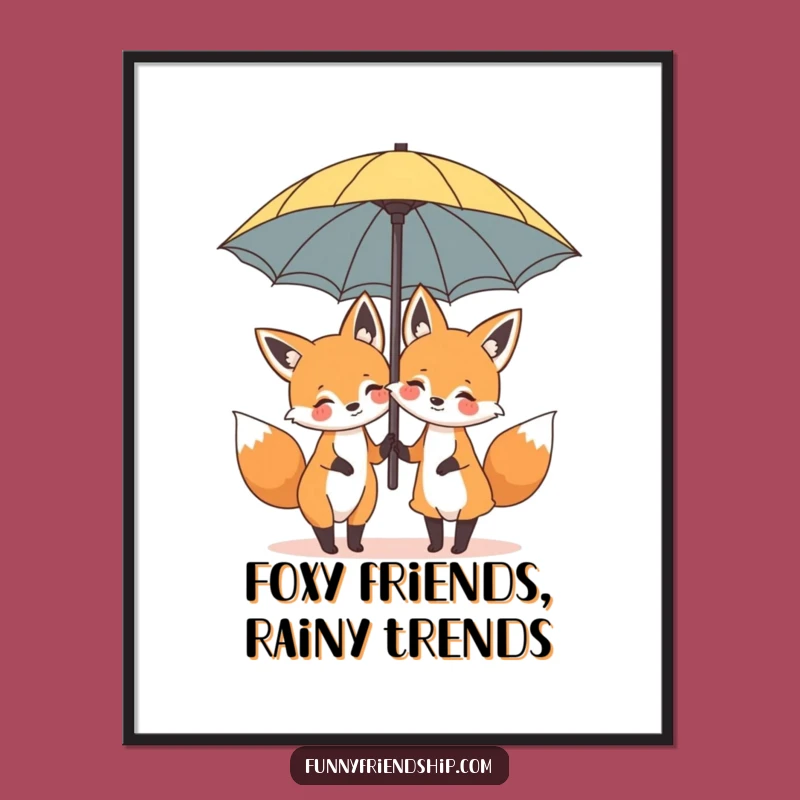 Funny Free Printable Wall Art: Foxes Share Giant Umbrella, Downloadable Quirky Decor