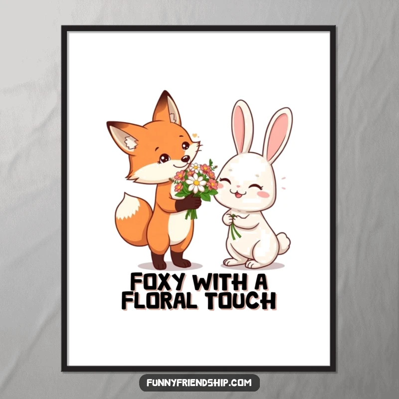 Funny Free Printable Wall Art showing a fox offering flowers to a giggling rabbit in a sweet, charming scene.