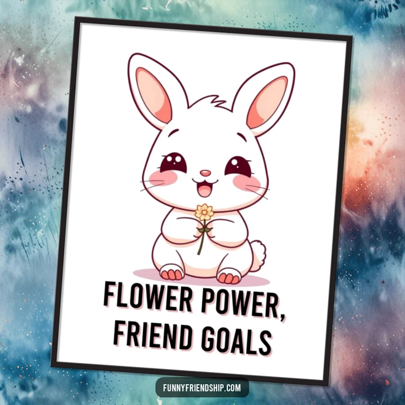 Funny Free Printable Wall Art: A grinning bunny holds out a small flower, exuding charm and gentle friendship.