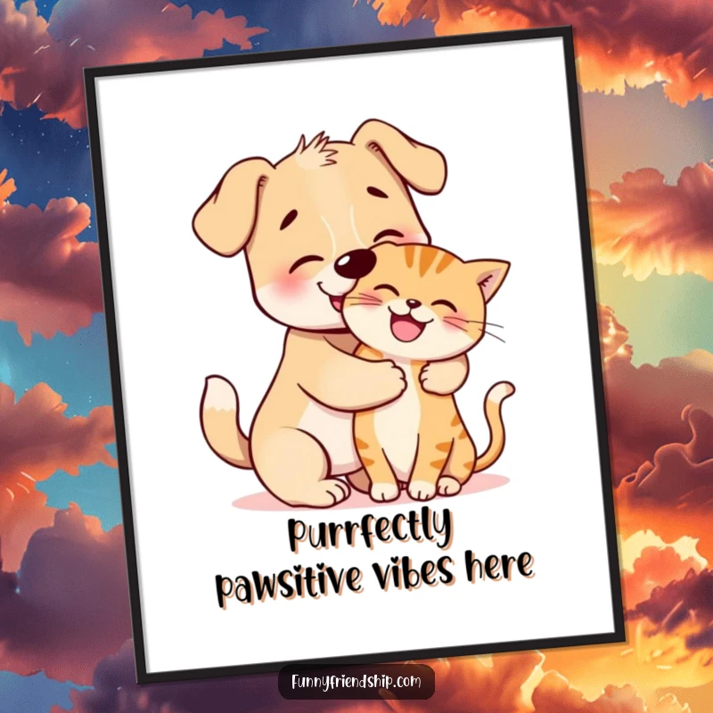 Funny Free Printable Wall Art: A cute dog gives a playful hug to a happy cat, creating a heartwarming scene.
