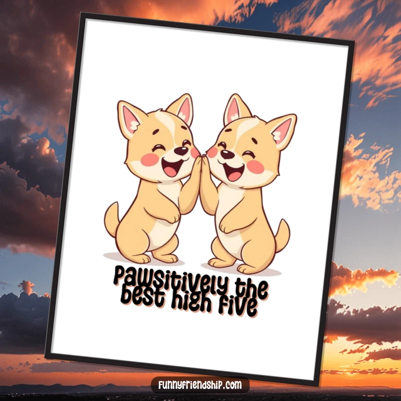 Funny Free Printable Wall Art: Two cute dogs in mid-high five, radiating excitement and happiness.