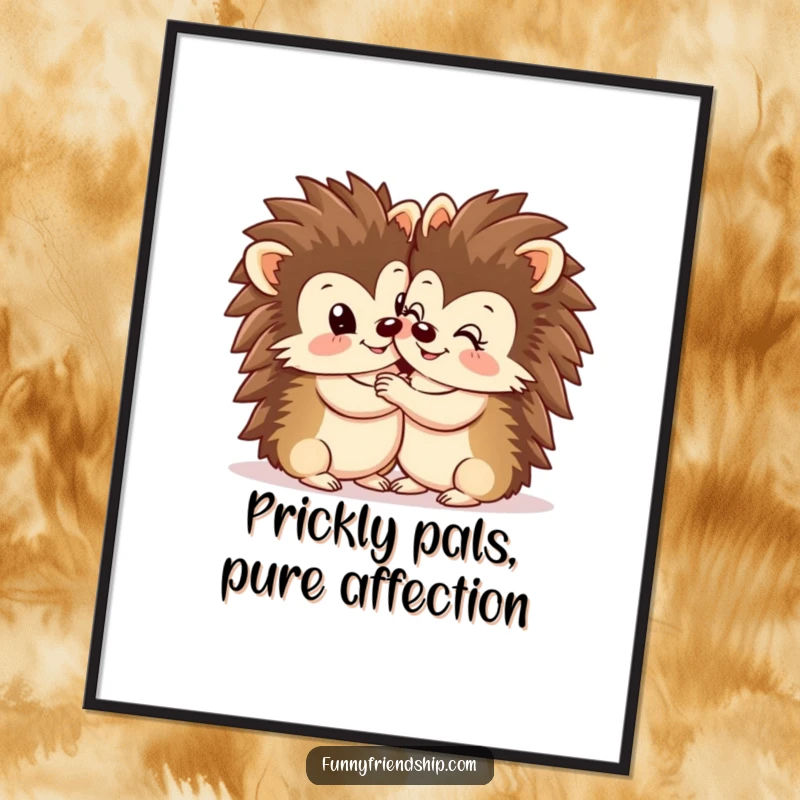Funny Free Printable Wall Art: Two smiling hedgehogs hugging each other, a sweet and heartwarming image.