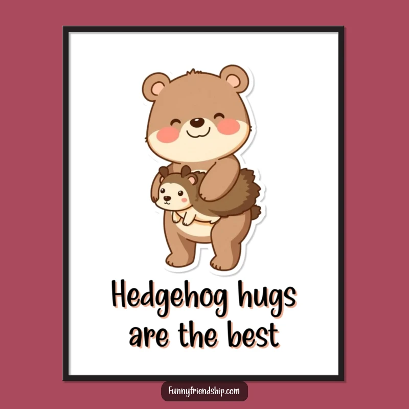 Free Printable Wall Art: Bear Piggyback Hedgehog Cute Humor Downloadable