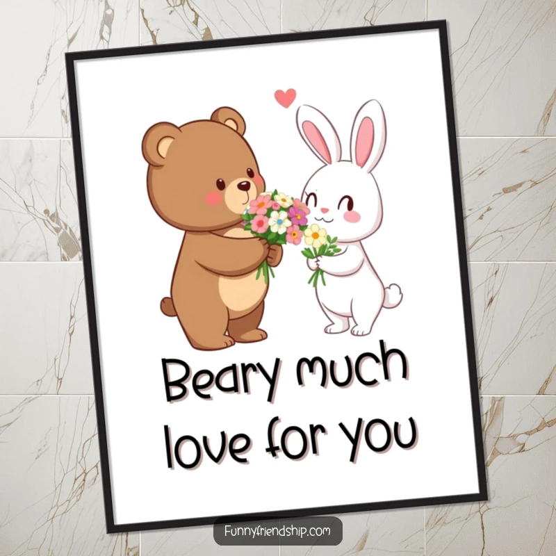 Free printable wall art depicting a gentle bear offering flowers to a rabbit, symbolizing friendship and sweet moments.